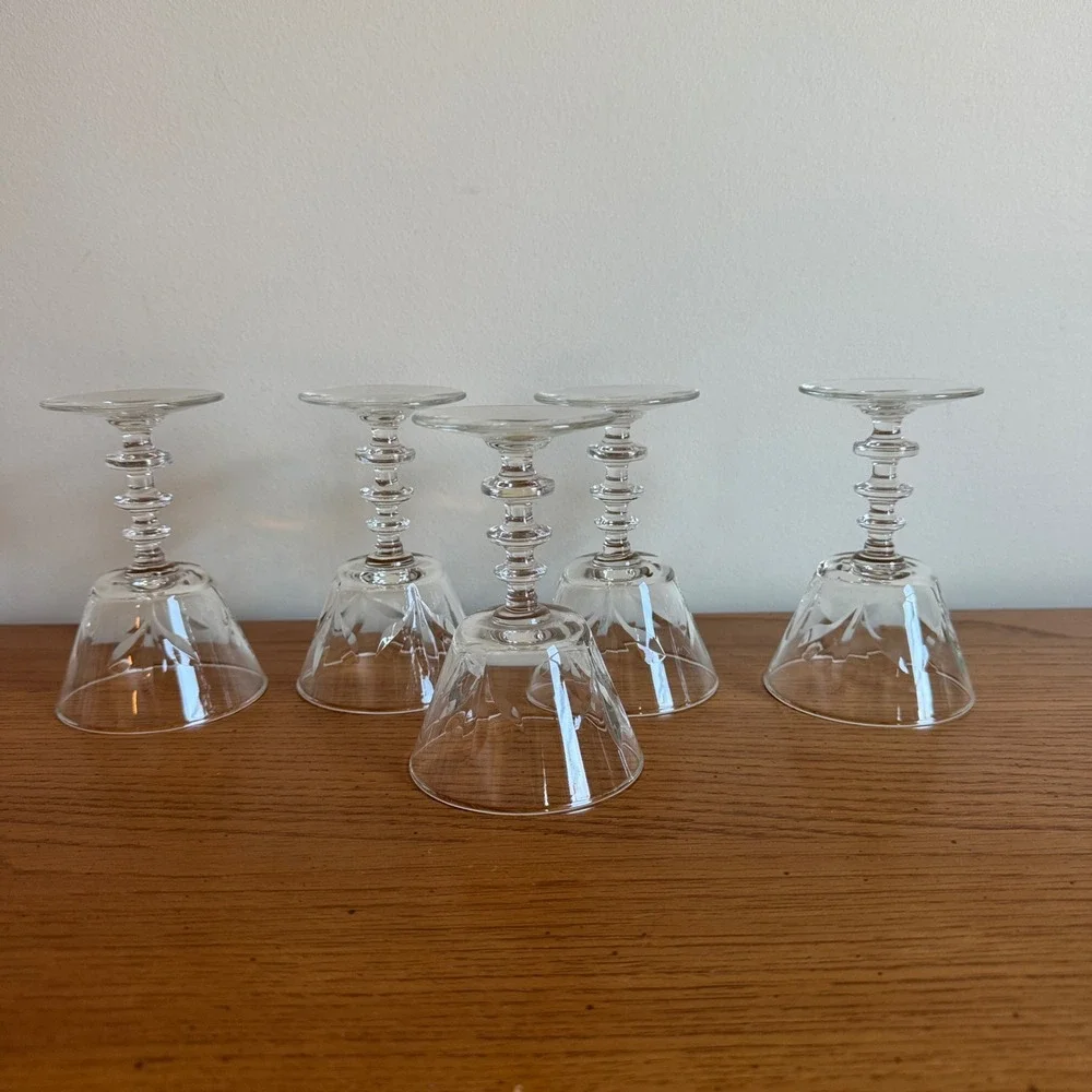 Set‎ of 5 Vintage Etched Crystal Cordial Glasses Fluted Stemware